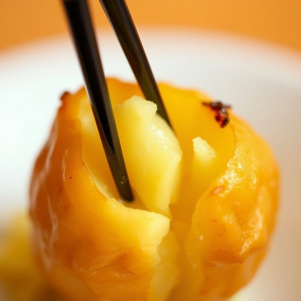 젓가락이나 포크로 감자를 찔러보아 부드럽게 쑥 들어가는지 확인하는 모습입니다. 감자가 부서지지 않고 부드럽게 익은 상태를 시각적으로 보여줍니다.