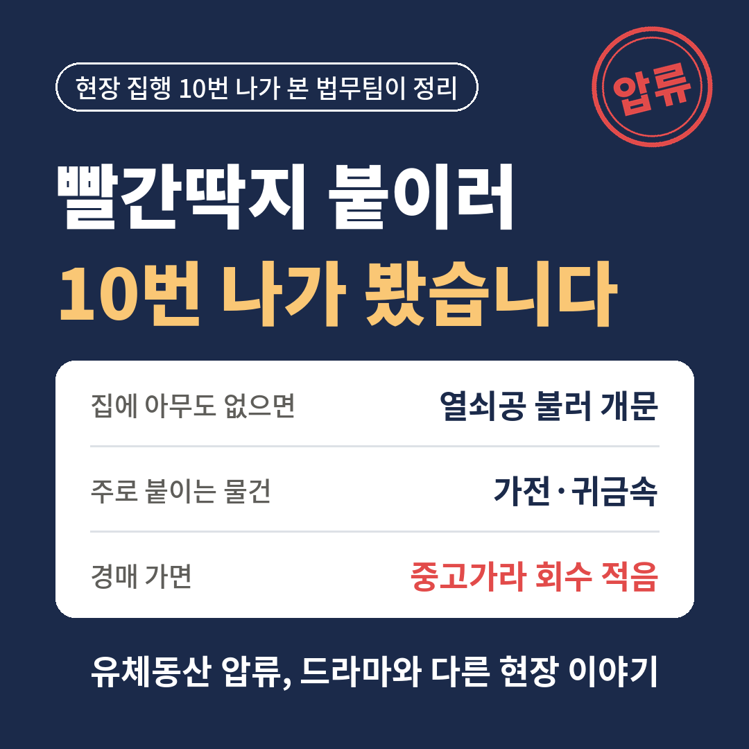 유체동산 압류 빨간딱지 현장 이야기 - 집에 아무도 없으면 열쇠공 불러 개문, 주로 가전과 귀금속에 압류 표시, 경매 가도 중고가라 회수액 적음