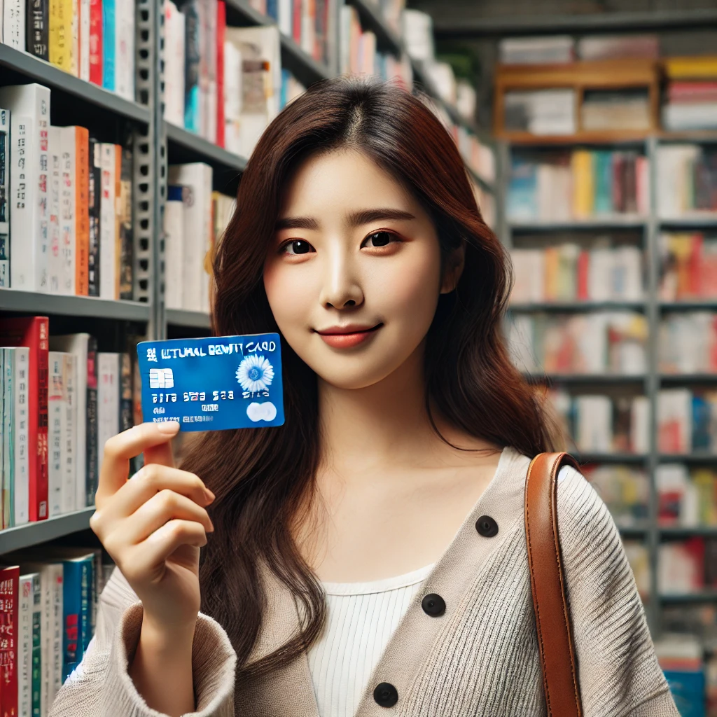 책장 앞에서 문화누리카드를 들고 있는 한국 여성.