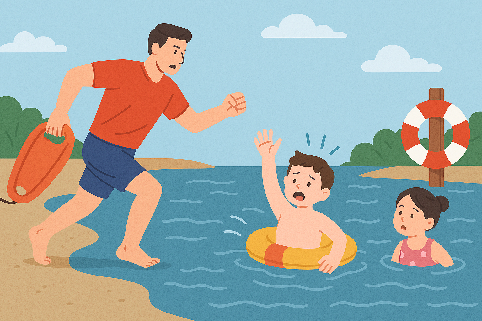 해수욕장에서 구명조끼 착용한 어린이들