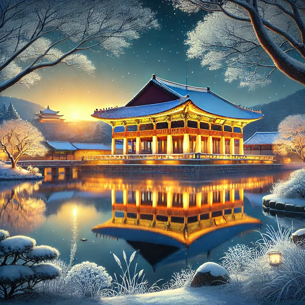 경주 동궁과 월지의 겨울 야경과 고풍스러운 풍경
