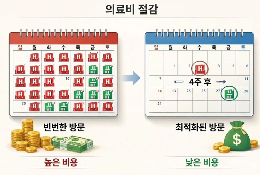고혈압 장기 처방을 통한 병원 방문 횟수 감소와 의료비 절감 구조를 보여주는 인포그래픽