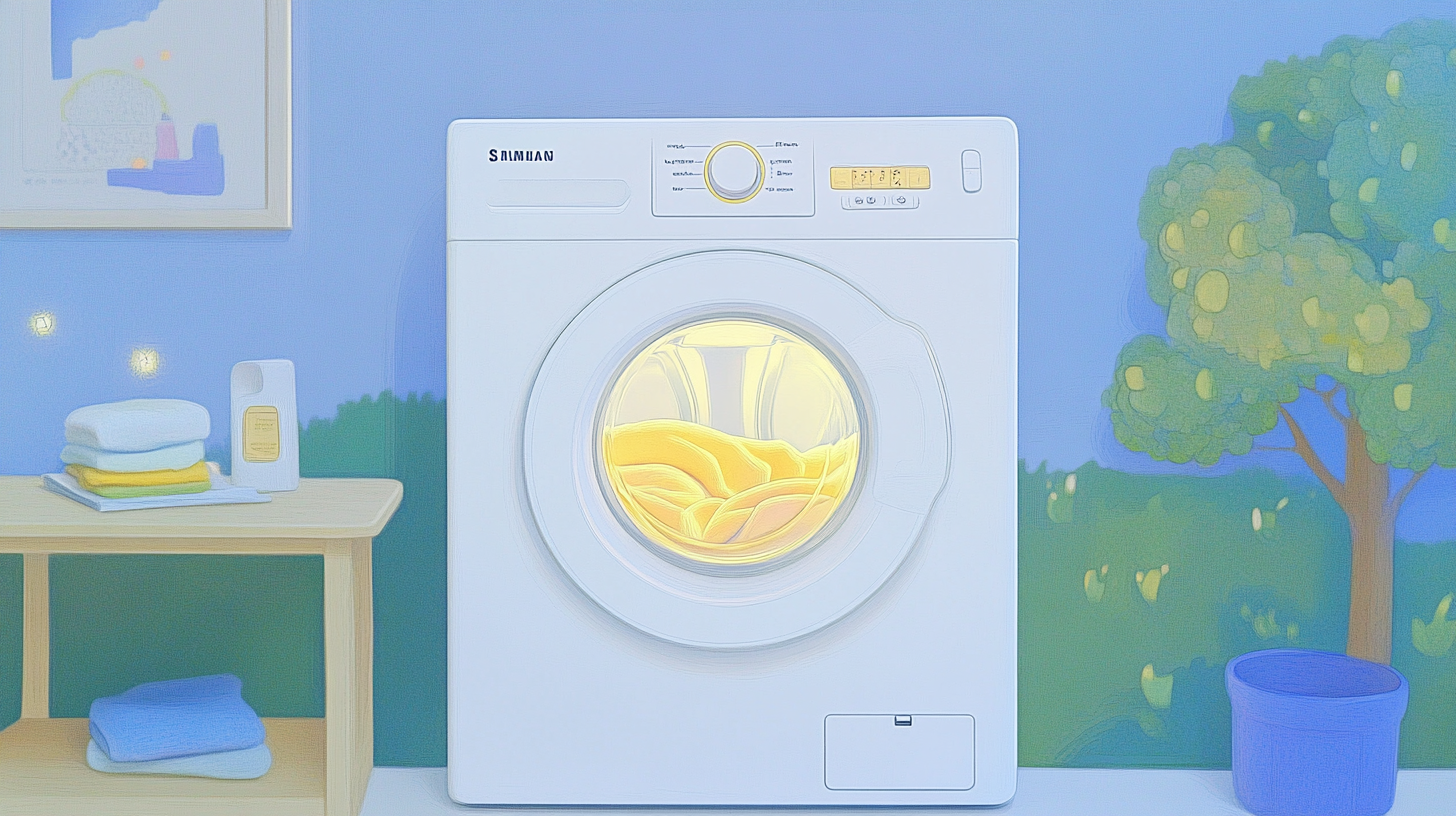 초조용 인버터 기술을 장착한 삼성 세탁기가 현대적인 야간 세탁 중의 편안한 집의 본질을 캡처한 장면입니다. 어두운 부드러운 조명과 평화로운 분위기를 강조한 고해상도 이미지입니다.