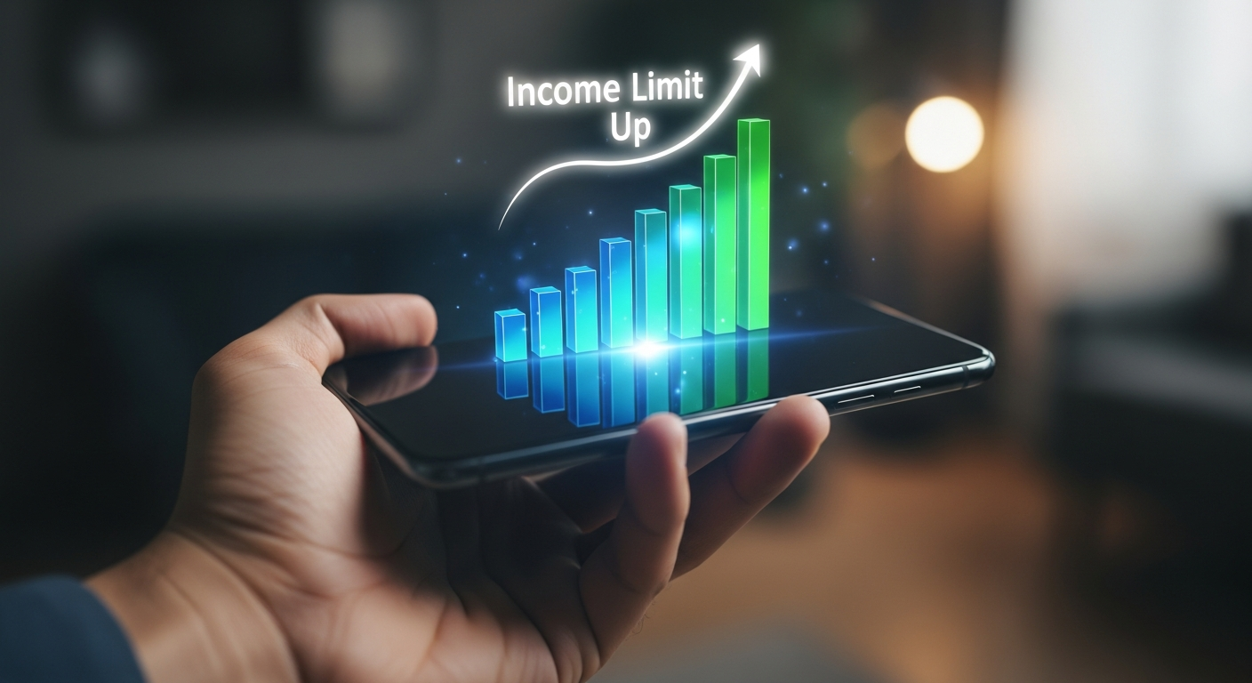 스마트폰을 쥐고 있는 손 클로즈업. 화면은 검은색이며, 그 위로 소득 한도 상향을 나타내는 상승하는 막대그래프 3D 홀로그램이 떠 있음. 배경은 흐릿한 가정집 내부. 한국인 손.