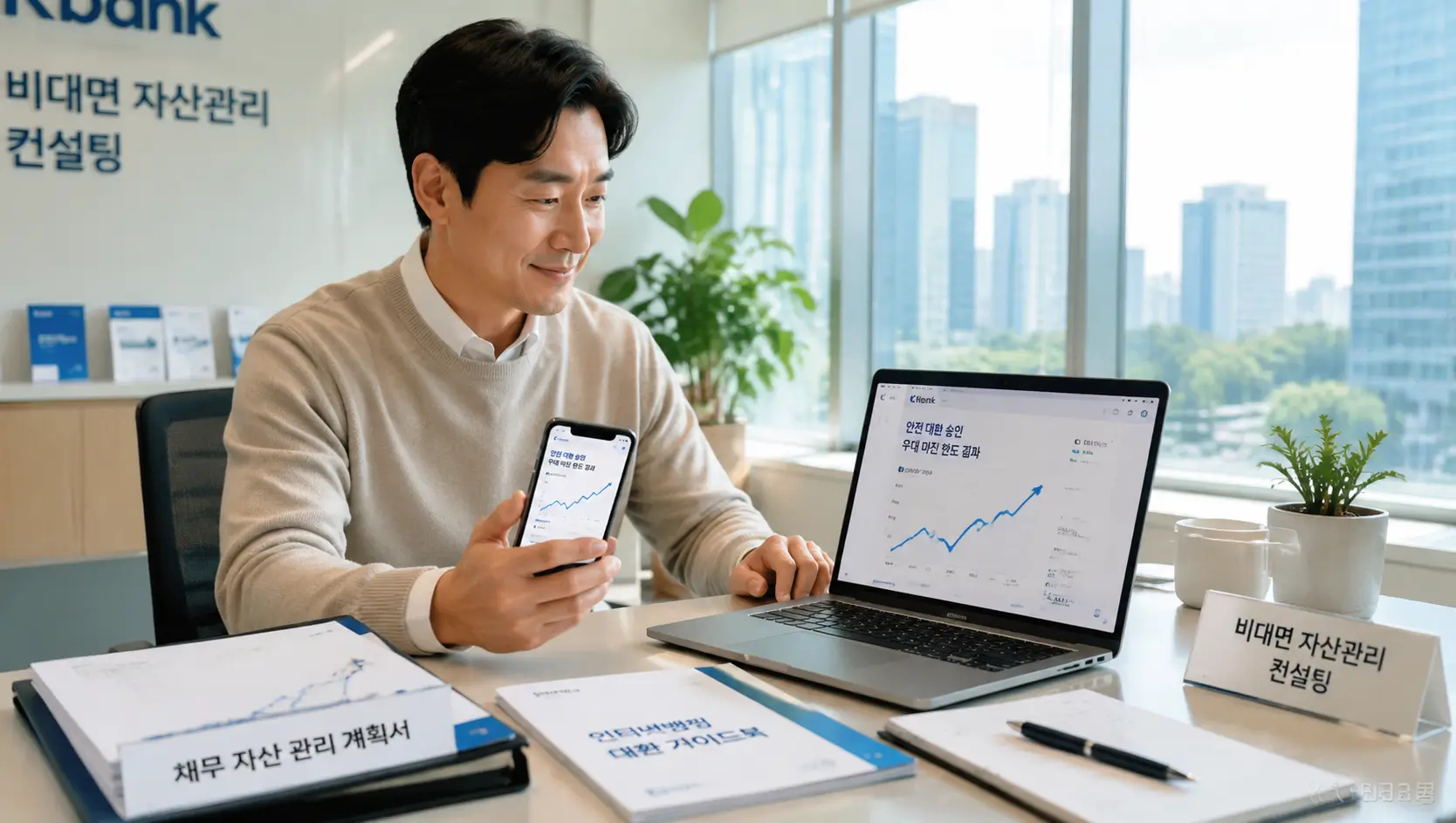 아파트 담보 사업자 대출 우대 마진을 사수하고 핀테크 앱으로 케이 뱅크 사장님 대출 한도를 실시간 비교하는 모습