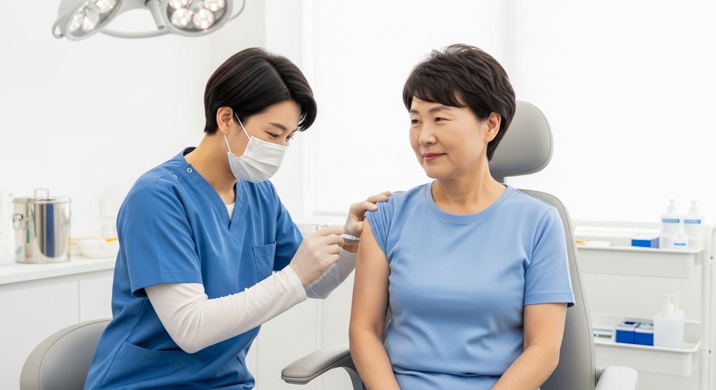 의료진이 50대 성인에게 RSV 백신 주사를 접종하는 모습, 안전하고 신뢰감 있는 의료 환경.