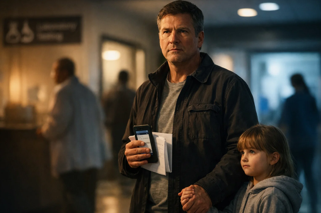 병원에서 검사·서류를 들고 아이 손을 잡은 보호자, 판단의 타이밍과 가족 보호 결정을 상징