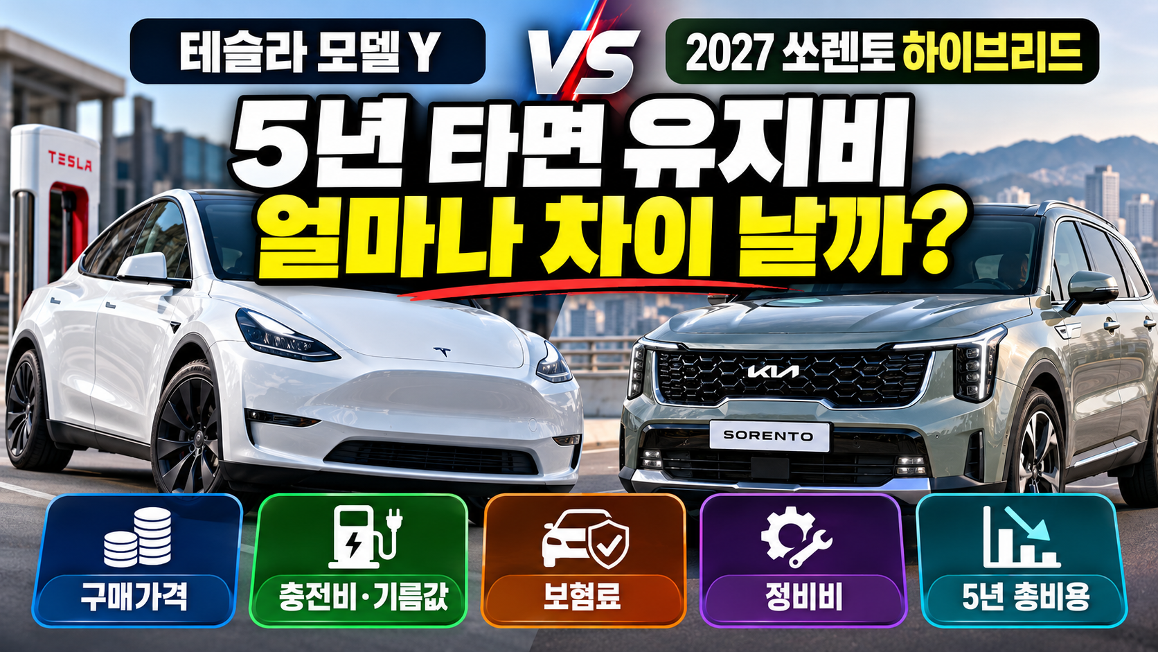 테슬라 모델 Y와 2027 쏘렌토 하이브리드 가격 충전비 5년 유지비 비교