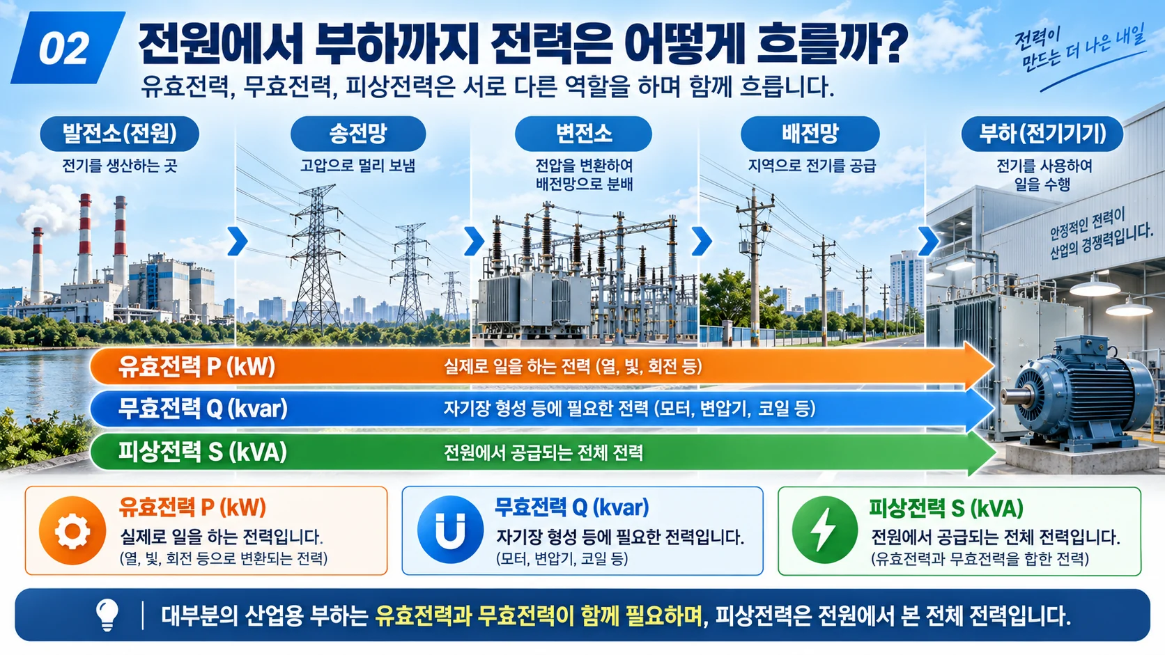 발전소에서 부하까지 유효전력 무효전력 피상전력이 흐르는 과정