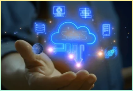 SaaS를 시각적으로 표현한 이미지. 클라우드에 SaaS라는 글자가 써있으며, 다양한 서비스 아이콘이 표시되어 있다.