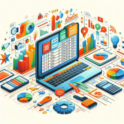 여러 개의 엑셀 표와 그래프 아이콘들이 결합된 이미지로, 데이터를 시각적으로 다루는 활동을 표현합니다.