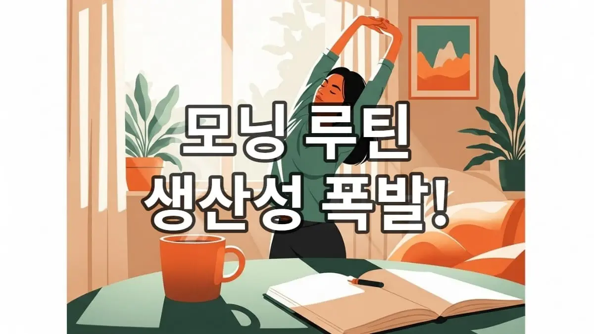 아침 햇살이 비치는 아늑한 방에서 스트레칭을 하는 사람의 모습. 따뜻한 차와 일기장이 놓여 있어 평화로운 모닝 루틴을 연상시킨다.