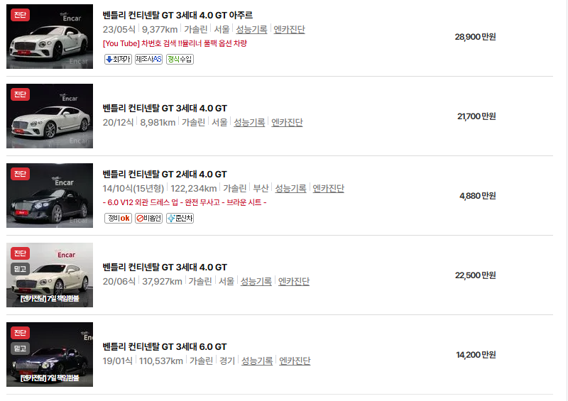 벤틀리 컨티넨탈 중고차 가격 시세표 연비