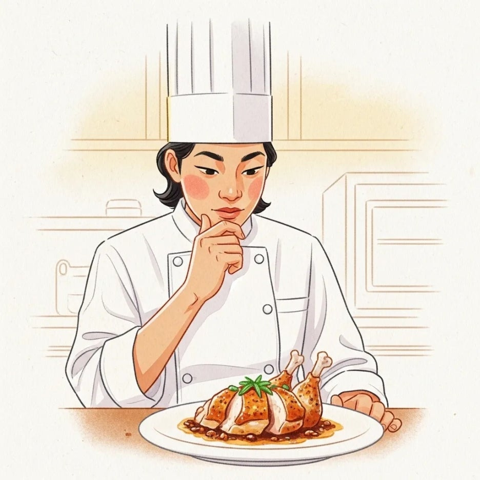 셰프가 섬세하게 요리를 검토하는 모습