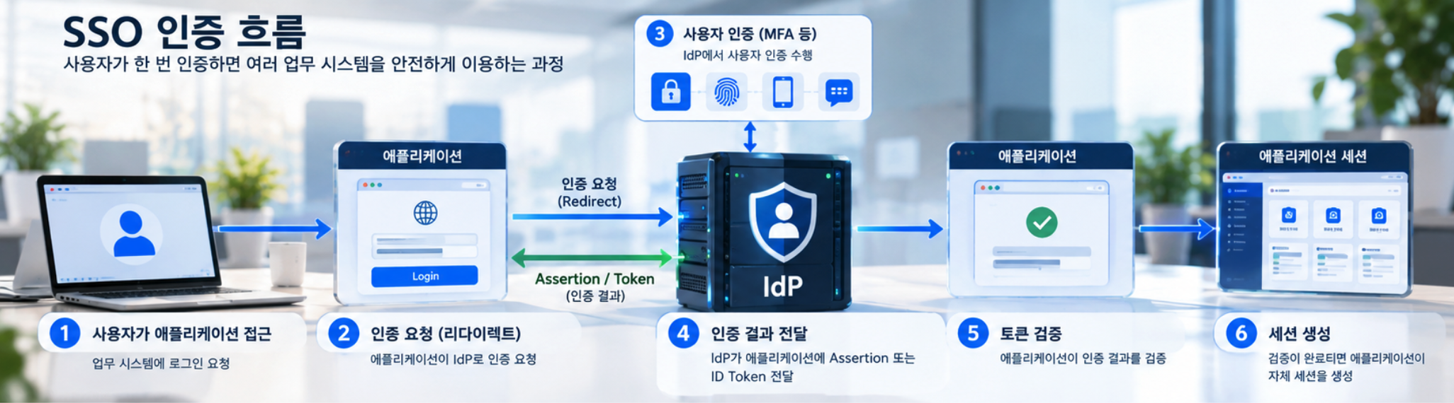 사용자와 애플리케이션, IdP 사이에서 인증 결과가 전달되는 SSO 인증 흐름