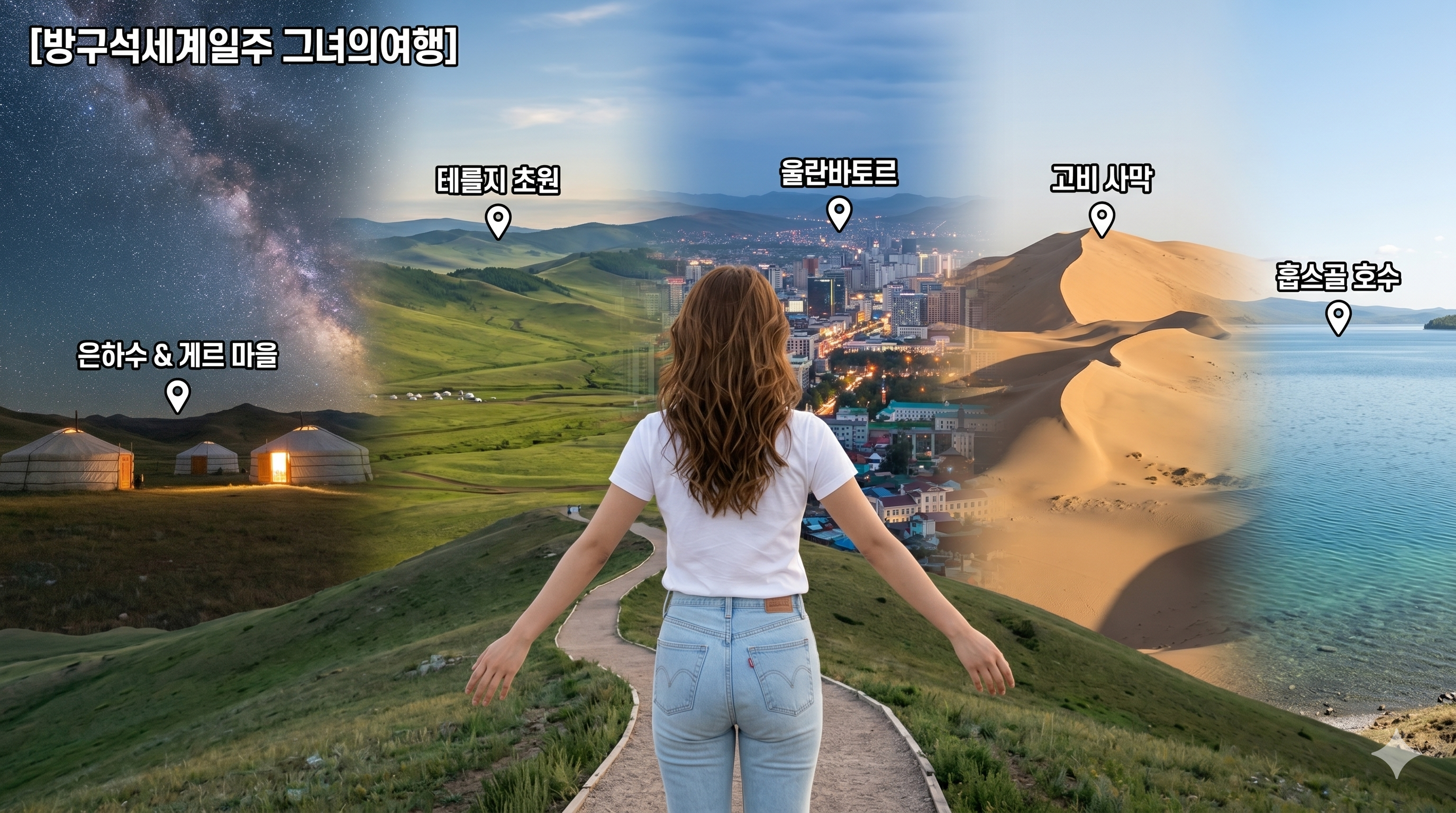 몽골 여행의 여러 명소들이 자연스럽게 혼합된 배경 앞에 선 예쁜 22살 한국 여성 여행자(뒤태). 그녀는 흰색 반팔티와 리바이스 청바지를 입고 갈색 웨이브 머리를 한 채 두 팔을 약간 벌리고 광활한 풍경을 바라보고 있다. 배경은 왼쪽의 은하수가 쏟아지는 밤과 게르 마을, 중앙의 푸른 초원과 울란바토르 시내 야경, 오른쪽의 고비 사막 모래 언덕과 훕스골 호수 수면이 어우러져 있다. 각 명소 영역에는 작고 깔끔한 라벨로 은하수 &amp; 게르 마을, 테를지 초원, 울란바토르, 고비 사막, 훕스골 호수가 표시되어 있다. 고화질 이미지.