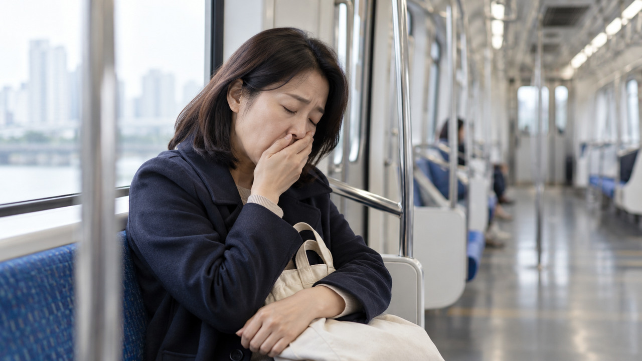 낮 시간 전철 좌석에서 졸음을 참으며 입을 가리는 여성