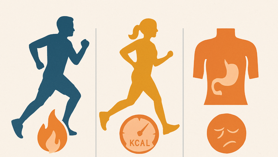 런닝과 슬로우 조깅의 운동 강도, 칼로리 소모, 신체 부담 차이를 비교한 인포그래픽 스타일 일러스트