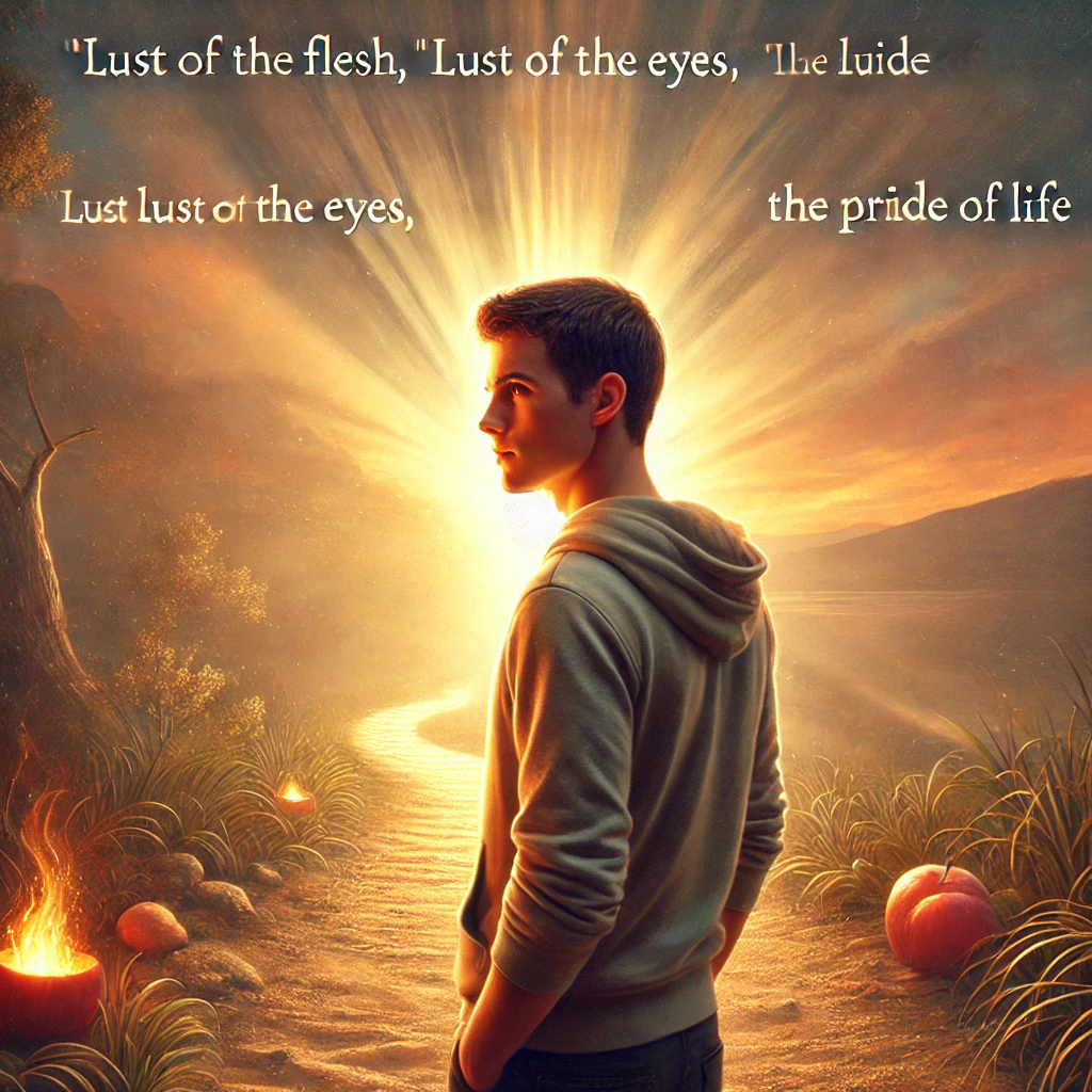 Here is the image portraying a person actively turning away from worldly temptations&amp;#44; such as material desires and pride&amp;#44; to pursue a path of holiness. It captures the inner strength and dedication required to reject these distractions and follow a life of purity&amp;#44; symbolized by the warm&amp;#44; guiding light.