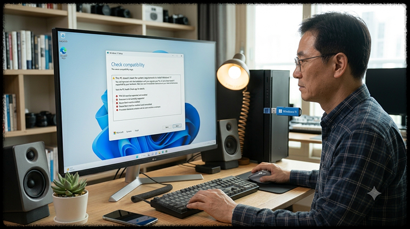 Windows 11 클린 설치 중 시스템 요구 사항을 충족하지 않는다는 오류가 나타난 모습