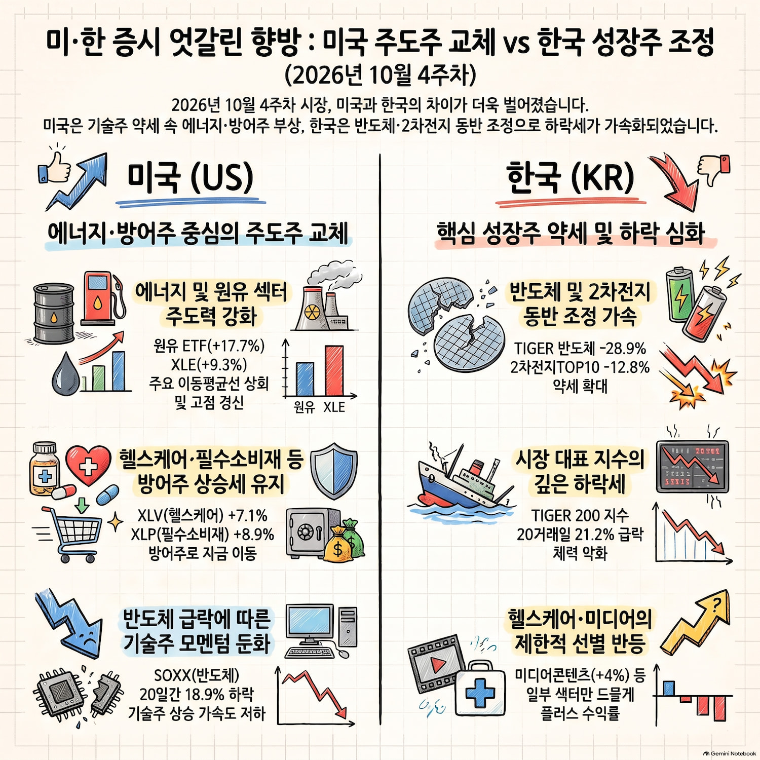 미국 에너지·헬스케어 강화, 한국 반도체·2차전지 약세 확대|2026년 10월 4주차