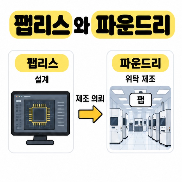 설계를 맡는 팹리스가 팹에서 위탁 제조하는 파운드리에 제조를 의뢰하는 관계를 보여주는 그림