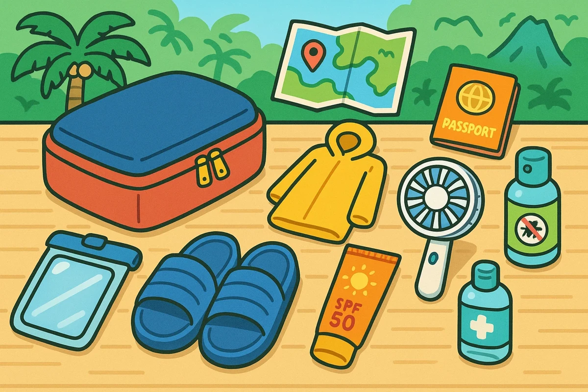 우기 동남아 여행 필수 준비물들이 깔끔하게 정리된 패킹 사진 - 방수팩, 일회용 우비, 휴대용 선풍기, 자외선 차단제 등이 여행가방 옆에 체계적으로 배치된 모습