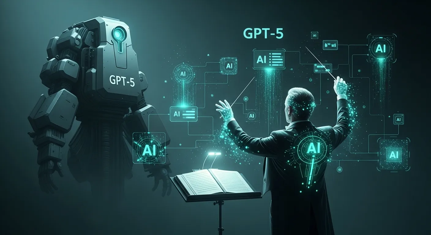 오케스트라를 지휘하는 엔비디아 '지휘자 AI'의 모습, GPT-5를 포함한 여러 AI 모델들이 효율적으로 연결되어 빛나고 있습니다.