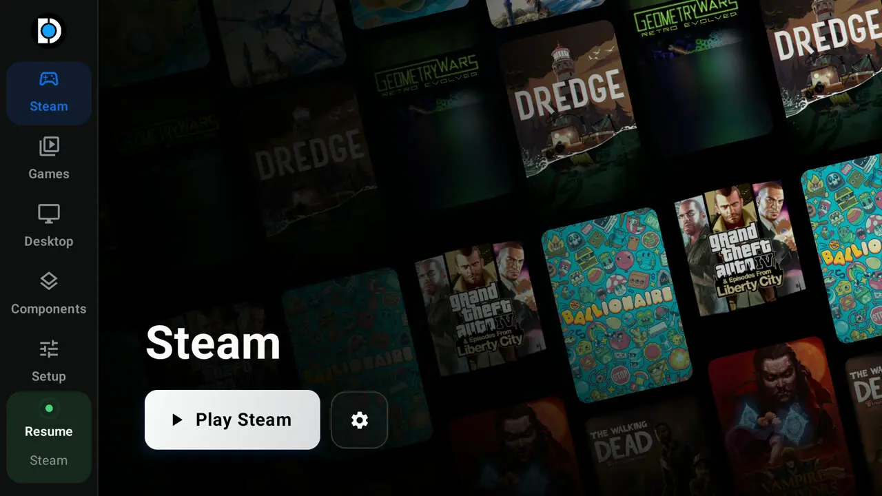 DroidDeck 앱 홈에서 Play Steam 실행 버튼과 Steam Games Desktop 메뉴