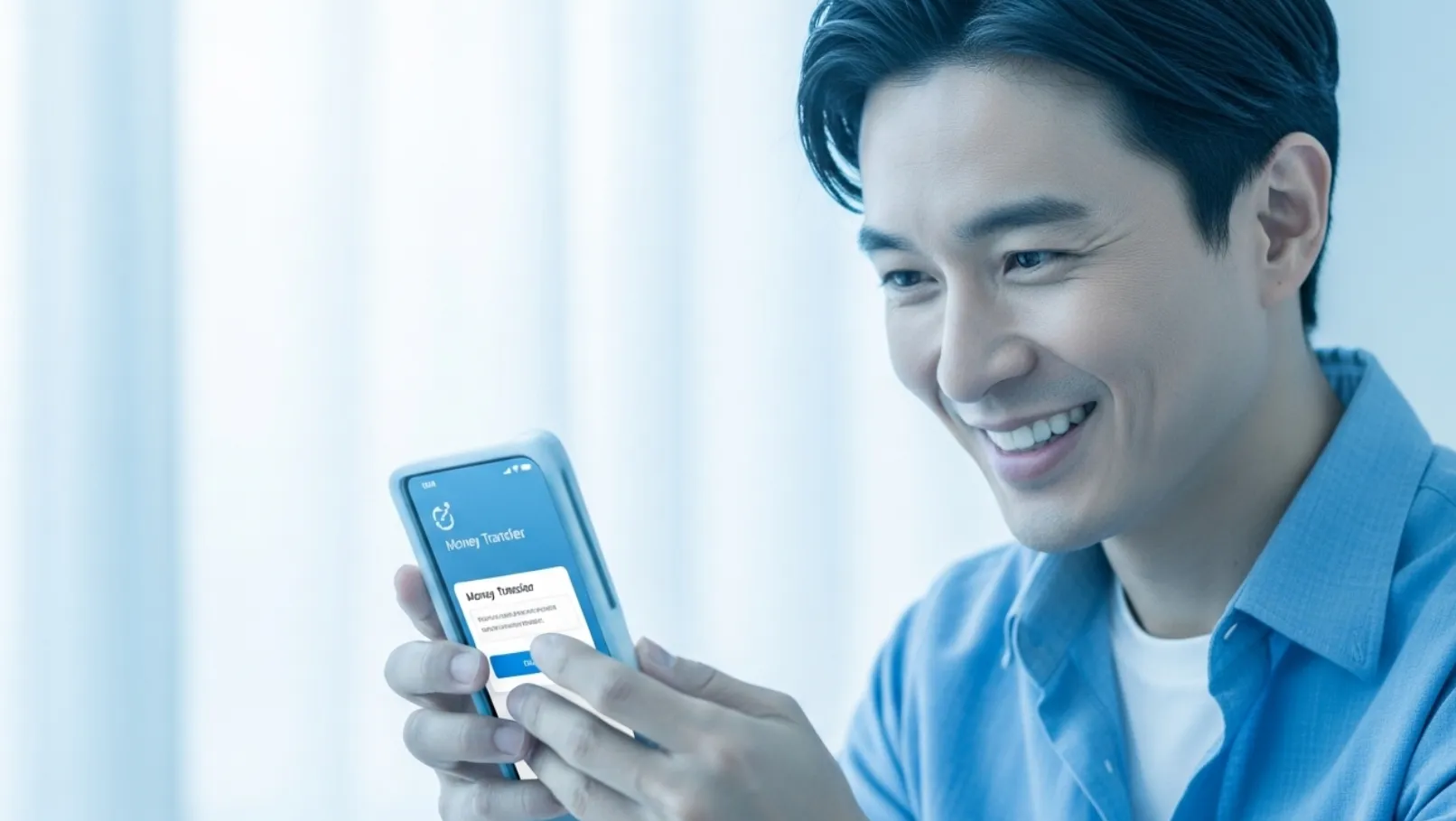 카드포인트 현금전환하고 웃는 모습으로 휴대폰을 바라보는 청년 모습