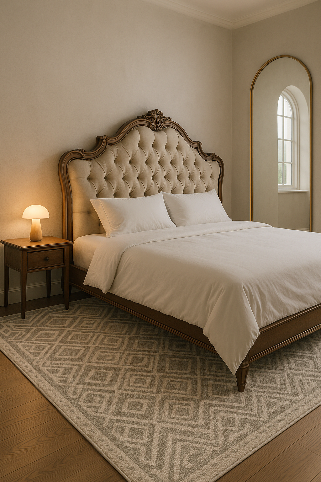 킹사이즈 침대와 러그, 아치형 전신거울, 머쉬룸 무드등으로 꾸며진 감성 침실 인테리어 이미지