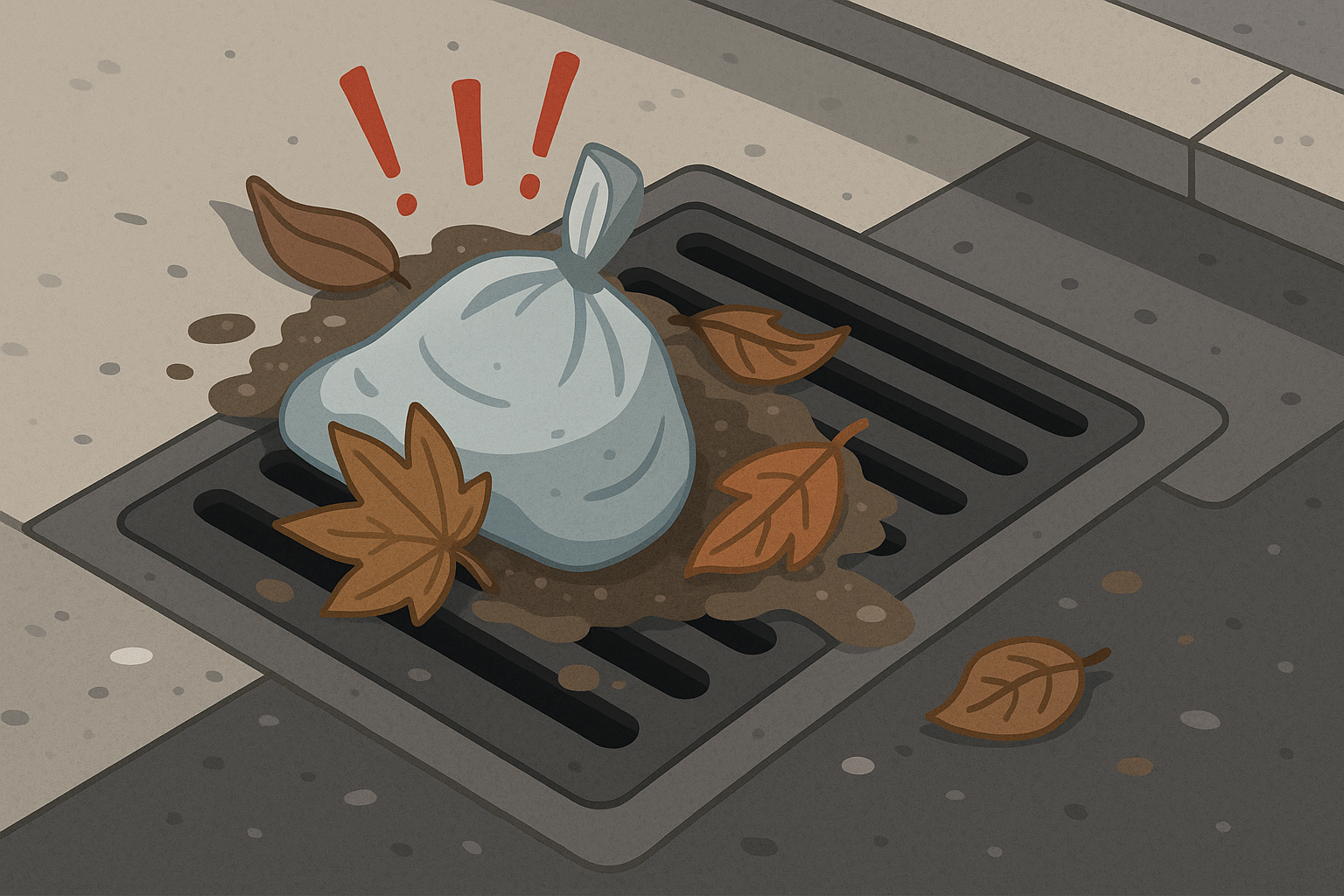 빗물받이를 막고 있는 비닐봉지와 낙엽