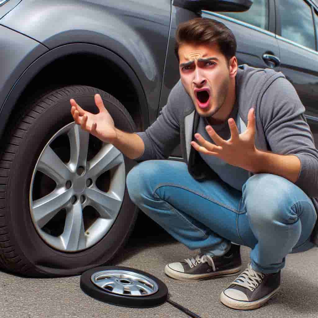 타이어 펑크나서 좌절하는 사람