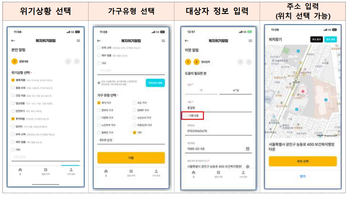 복지위기 알림 앱 화면