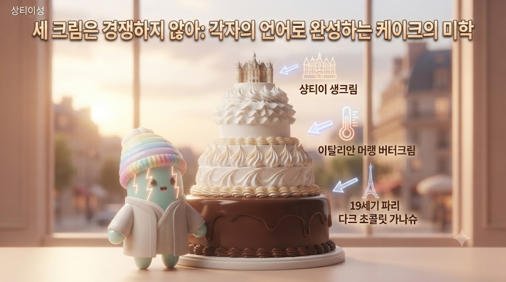 쫀쿠가 아름다운 케이크 타워 앞에서 최종 강연을 마무리하고 있습니다. 쫀쿠의 뒤로는 세 크림(생크림, 버터크림, 가나슈)이 조화롭게 어우러진 거대한 웨딩 케이크가 서 있습니다. 배경에는 각 크림의 기원과 역사를 상징하는 작은 아이콘들(프랑스 국기, 샹티이 성, 이탈리안 머랭 온도계)이 떠 있습니다. 쫀쿠는 이 세 가지 크림이 서로 경쟁하는 것이 아니라 각자의 언어로 케이크를 완성한다고 말합니다.