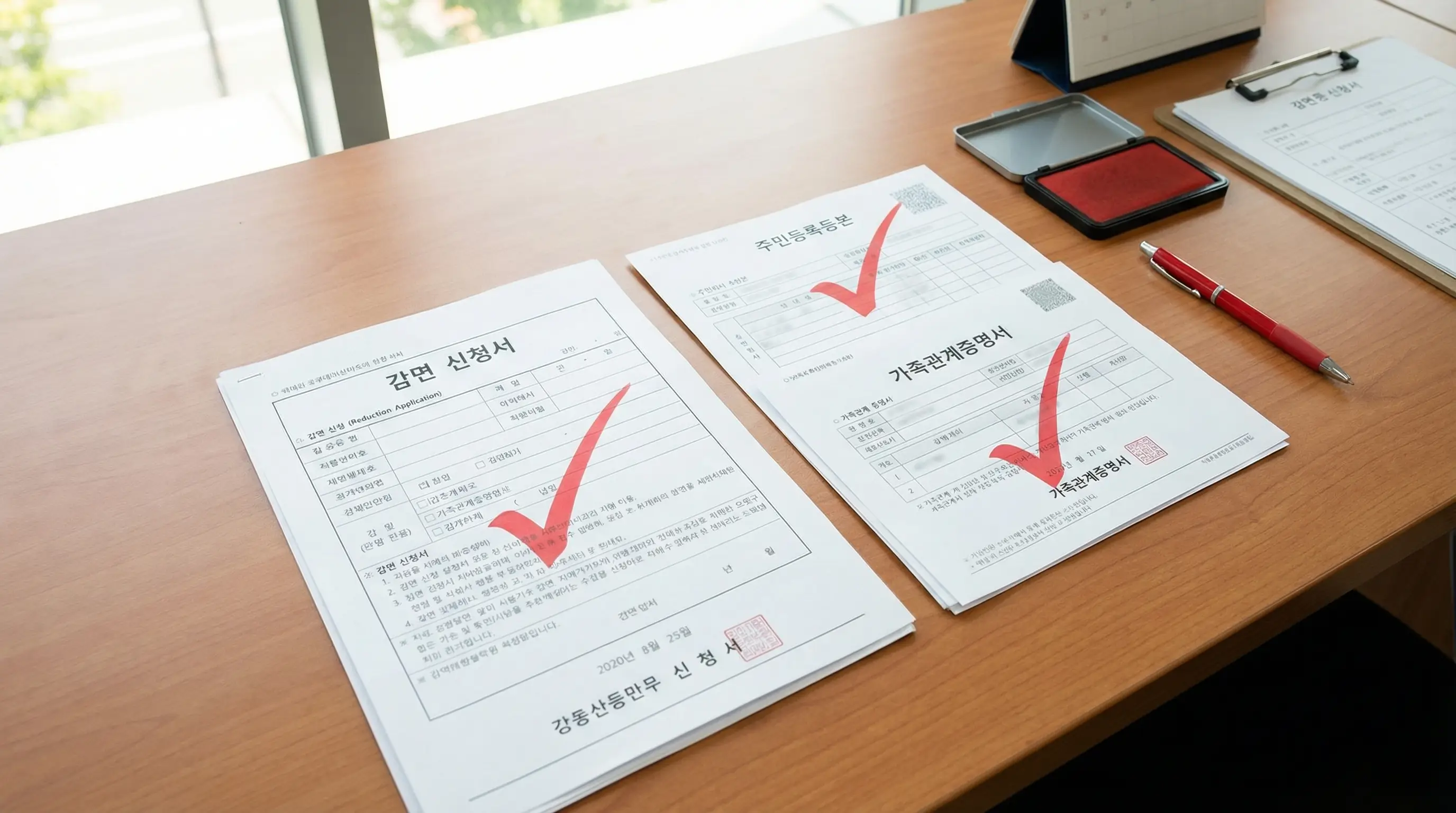 책상 위에 '감면 신청서(Reduction Application)', '등본(Resident Register)', '가족관계증명서(Family Cert)' 등 서류들이 정갈하게 놓여 있고, 체크 표시가 되어 있는 모습입니다
