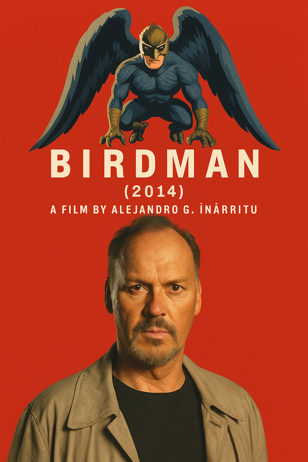 빨간 배경 앞에서 진지한 표정의 중년 남성이 정면을 응시하고 있고, 그의 머리 위로 날개 달린 슈퍼히어로 캐릭터가 등장하는 <버드맨, 2014>영화 포스터. 자아와 환상의 이중성을 표현한 구성이다.