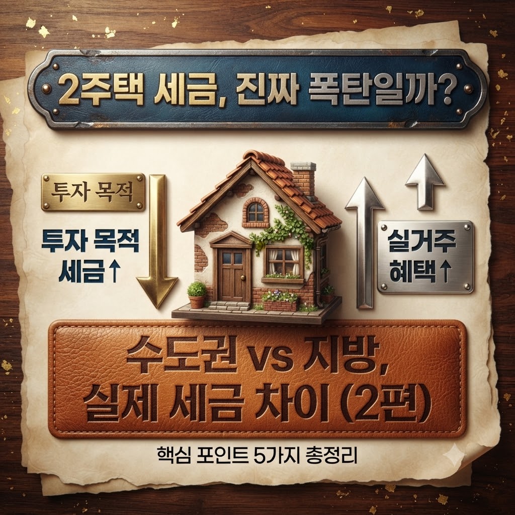 낡은 양피지 질감의 배경 위에 파란색 금속 명판 형태로 '2주택 세금, 진짜 폭탄일까?' 문구가 상단에 적혀 있다. 중앙에는 주택 모형이 있고, 왼쪽에는 '투자 목적 세금↑'과 아래를 향하는 금색 화살표, 오른쪽에는 '실거주 혜택↑'과 위를 향하는 은색 화살표가 배치되어 있다. 하단에는 갈색 가죽 질감의 명판에 '수도권 vs 지방, 실제 세금 차이 (2편)'라는 제목이 적혀 있으며, 그 아래로 '핵심 포인트 5가지 총정리' 문구가 포함된 포스팅 썸네일 이미지