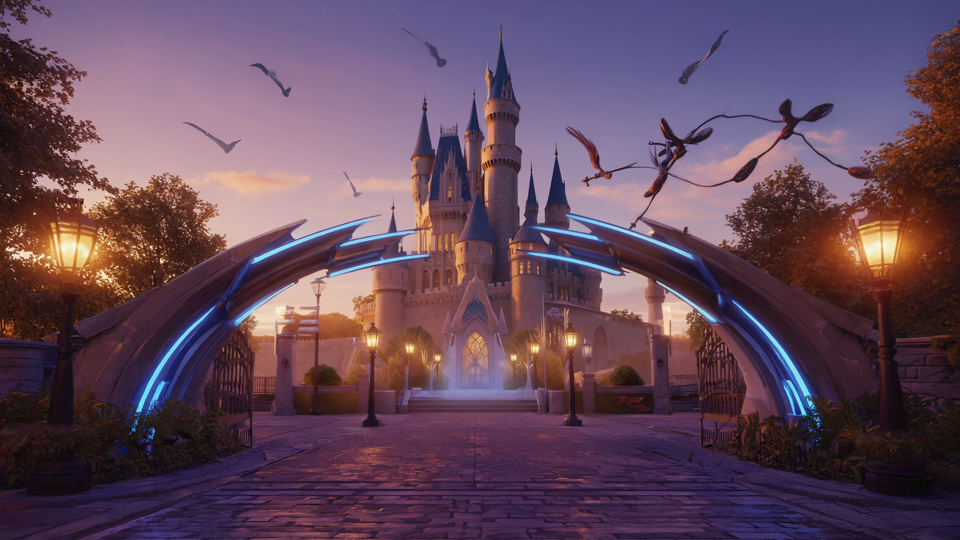 일본 오사카의 판타지 테마파크 입구와 성의 전경. 푸른 조명이 빛나는 아치형 게이트와 해질녘 배경, 공중에 날아다니는 마법 생물들로 환상적인 분위기를 자아냅니다.