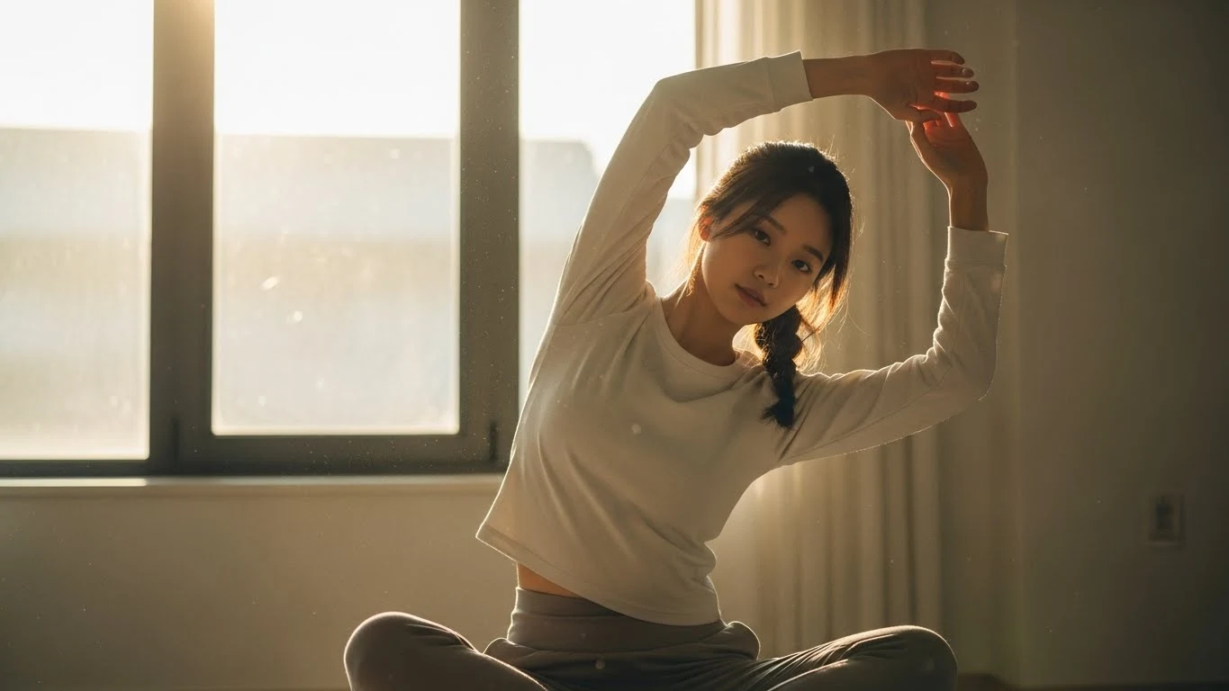 햇살이 들어오는 창가에서 스트레칭을 하는 장면