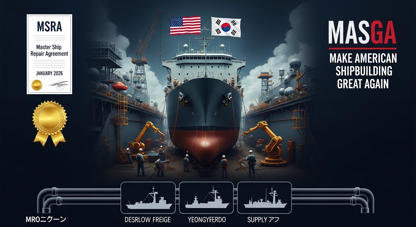 US Navy MRO Korea shipyard Busan 2026 concept art, dark navy blue background, center USNS Amelia Earhart T-AKE supply ship in dry dock at Busan Yeongdo shipyard, maintenance workers and robotic arms working on the hull, US Navy flag and Korean flag side by side above the dock, left panel MSRA certificate icon Master Ship Repair Agreement January 2026 gold seal, right panel MASGA logo Make American Shipbuilding Great Again bold text, bottom pipeline icons destroyer frigate supply vessel silhouettes labeled MRO파이프라인, dramatic naval industrial atmosphere, professional dark editorial style