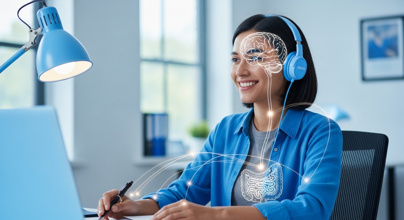 유산균 섭취 후 활력을 되찾고 업무에 집중하는 직장인의 모습. 밝고 긍정적인 분위기 속에서 장-뇌 연결이 개선되어 에너지가 넘치는 직장인의 모습을 표현.