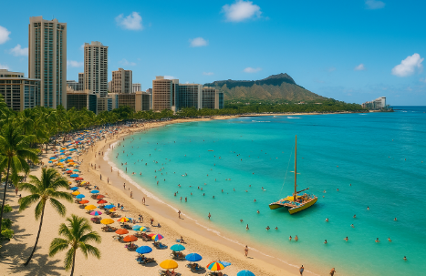 하와이 와이키키 해변에서 즐거운 모습