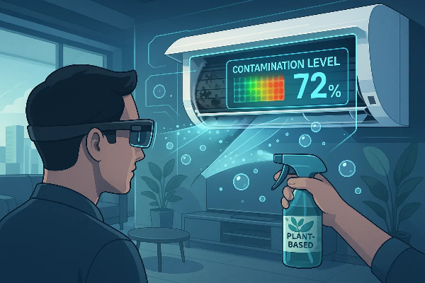 증강현실로 에어컨 오염도 확인 중 식물성 스프레이 사용