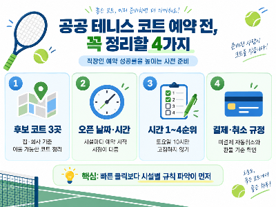 공공 테니스 코트 예약, 직장인이 &lsquo;예약 전쟁&rsquo; 성공률을 높이는 준비법