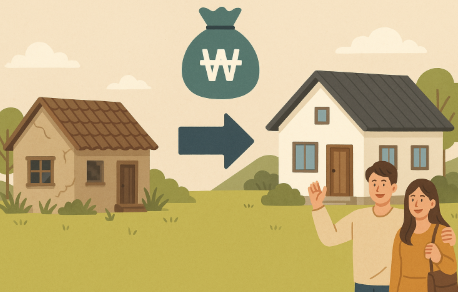 "청년 귀촌 주택 지원을 표현한 일러스트, 낡은 시골 집이 지원을 통해 리모델링되어 새 주택으로 변신하고 청년 부부가 정착하는 모습"