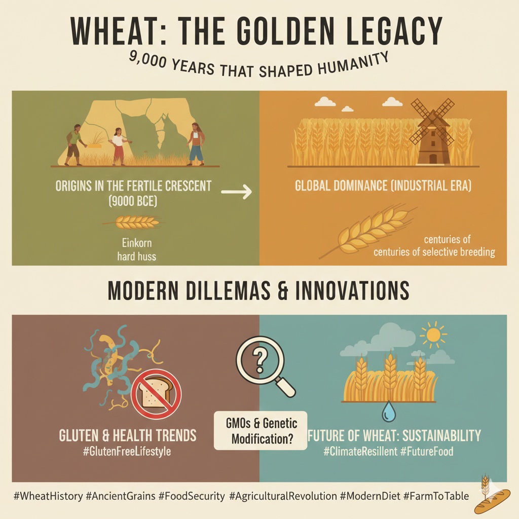 Educational diagram of wheat history featuring its origins in the Fertile Crescent, the impact on Roman civilization, and the biological structure of gluten proteins.