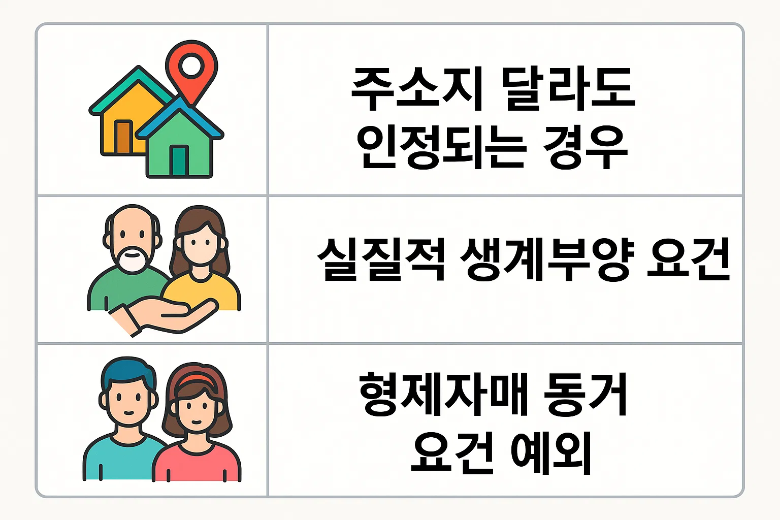 주소지가 달라도 인정되는 경우, 형제자매 동거 요건 예외 등 실질적 생계부양 요건을 구체적으로 안내하는 2025년 연말정산 부양가족 기본공제 요건 이미지입니다.