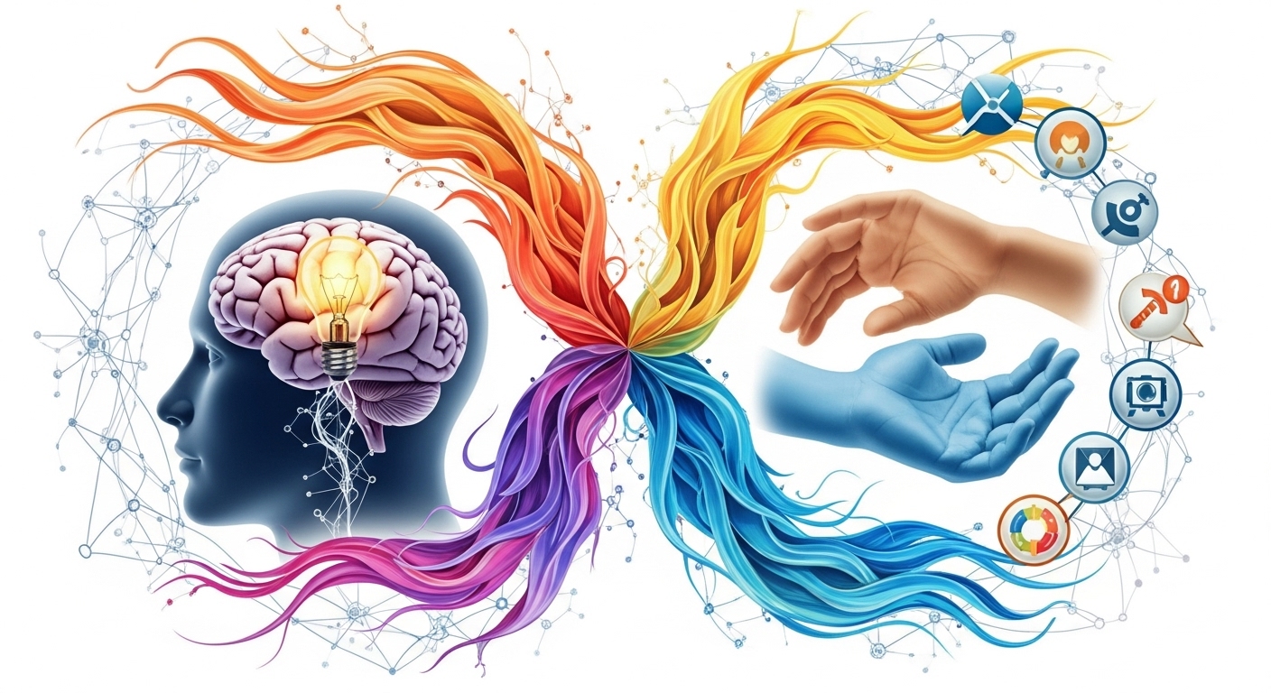 인간 고유의 창의성, 비판적 사고, 공감 능력을 시각적으로 표현한 추상적인 이미지.