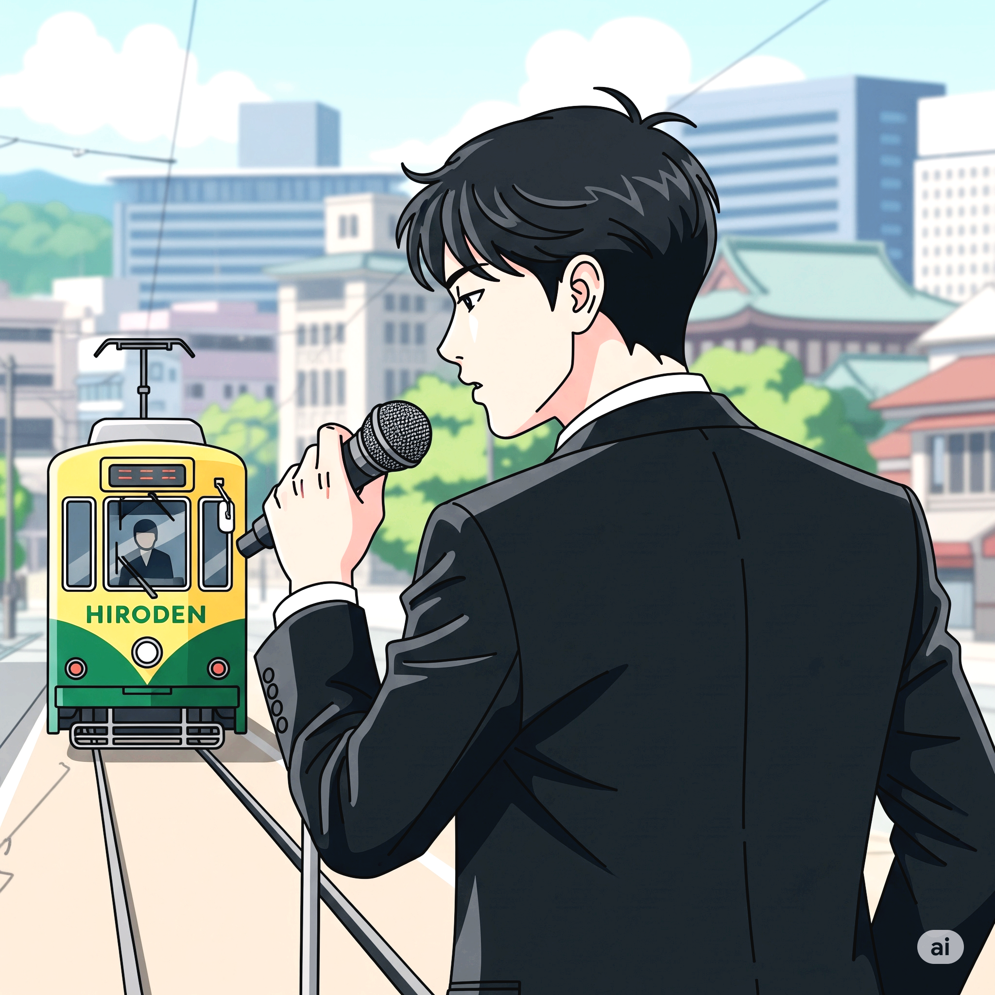 히로시마 노면 전차를 바라보며 노래하는 남자